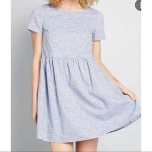 Modcloth Chambray Rainbow Stitched Dress Pockets Short Sleeve Cotton Sz M.